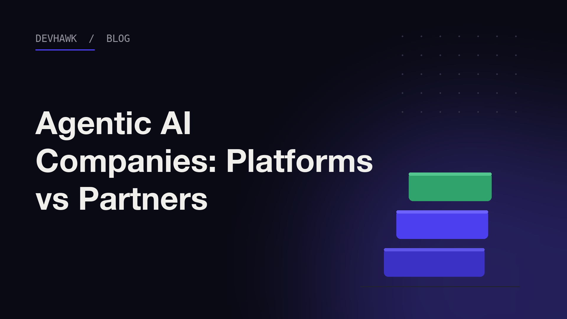 The words Agentic AI Companies: Platforms vs Partners in white text on a dark background with stacked indigo and green blocks