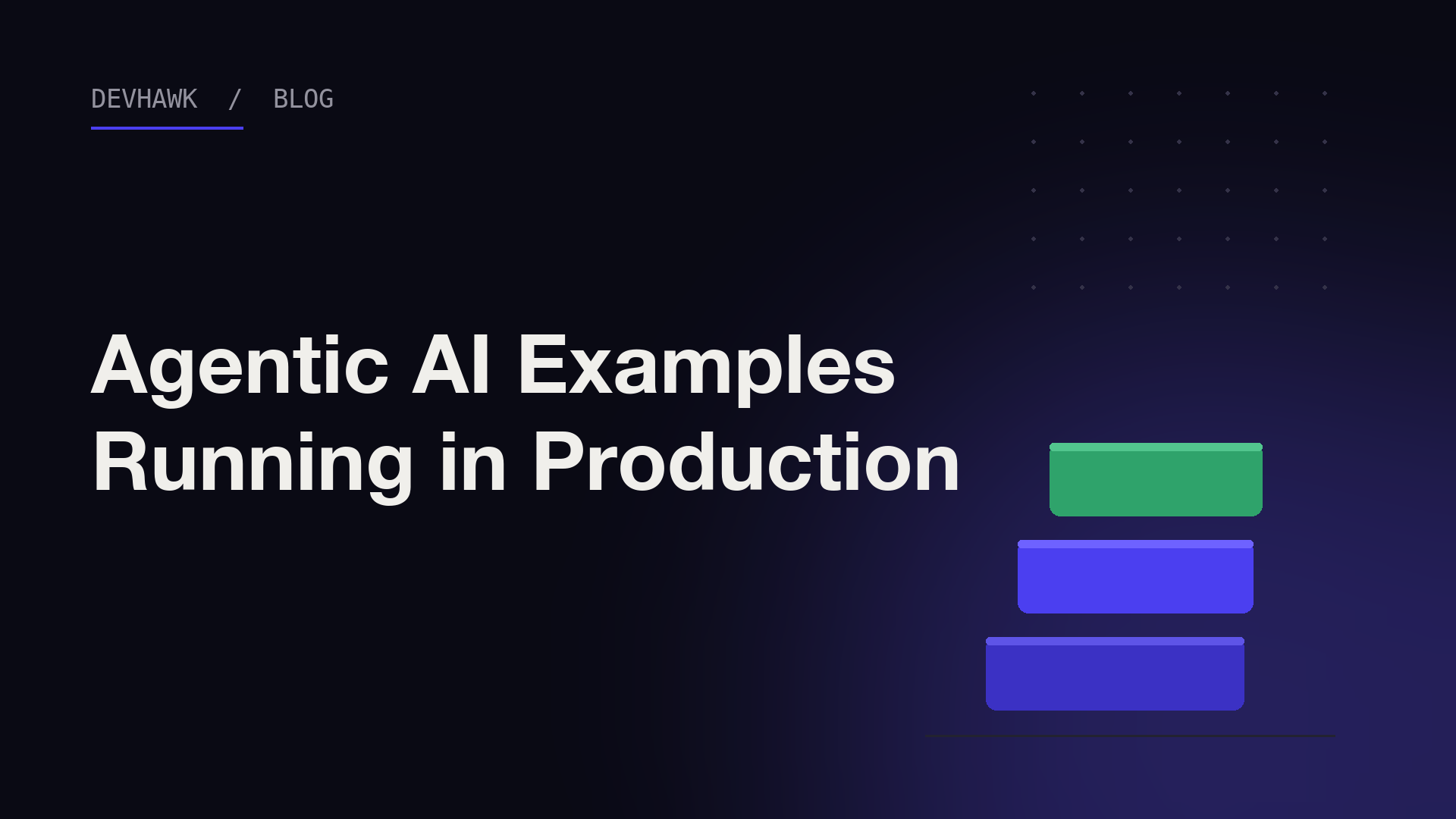 The words Agentic AI Examples Running in Production in white text on a dark background with stacked indigo and green blocks