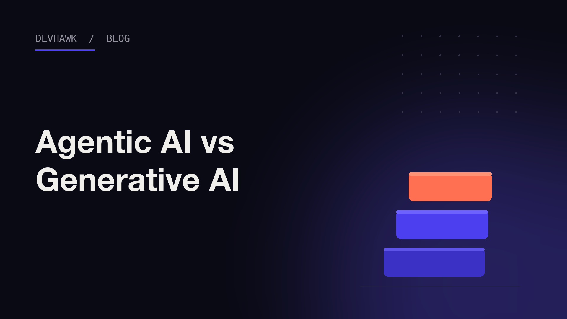 The words Agentic AI vs Generative AI in white text on a dark background with stacked indigo and coral blocks