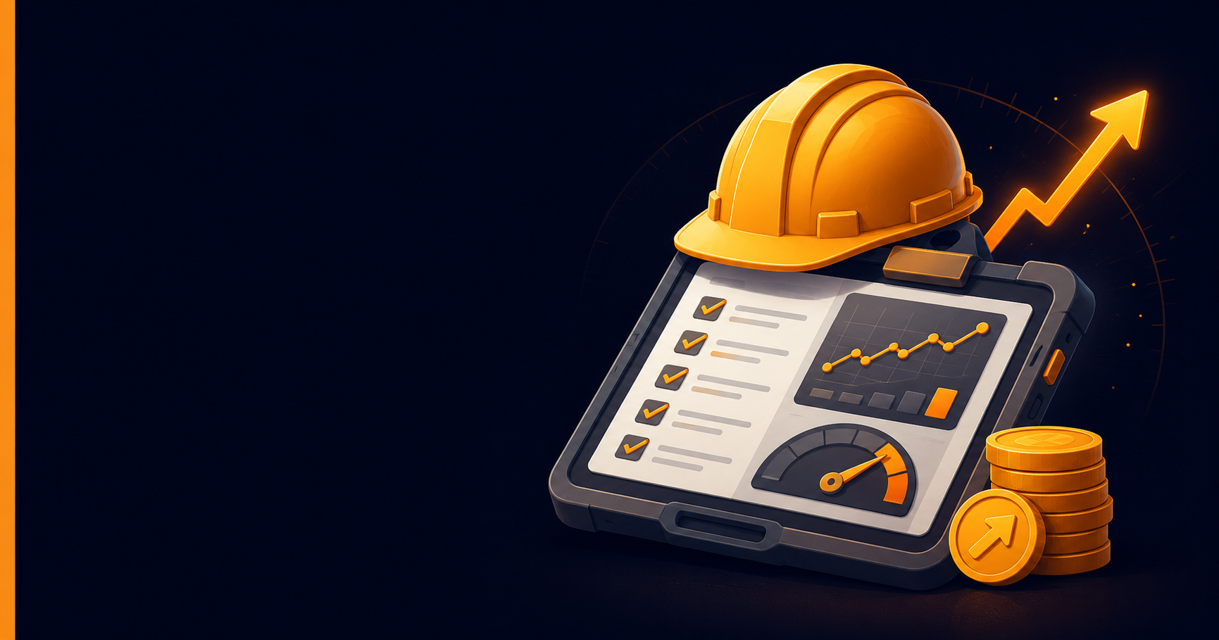 3D illustration of a construction hard hat resting on a tablet dashboard with checklists, charts, and a rising arrow on a dark background