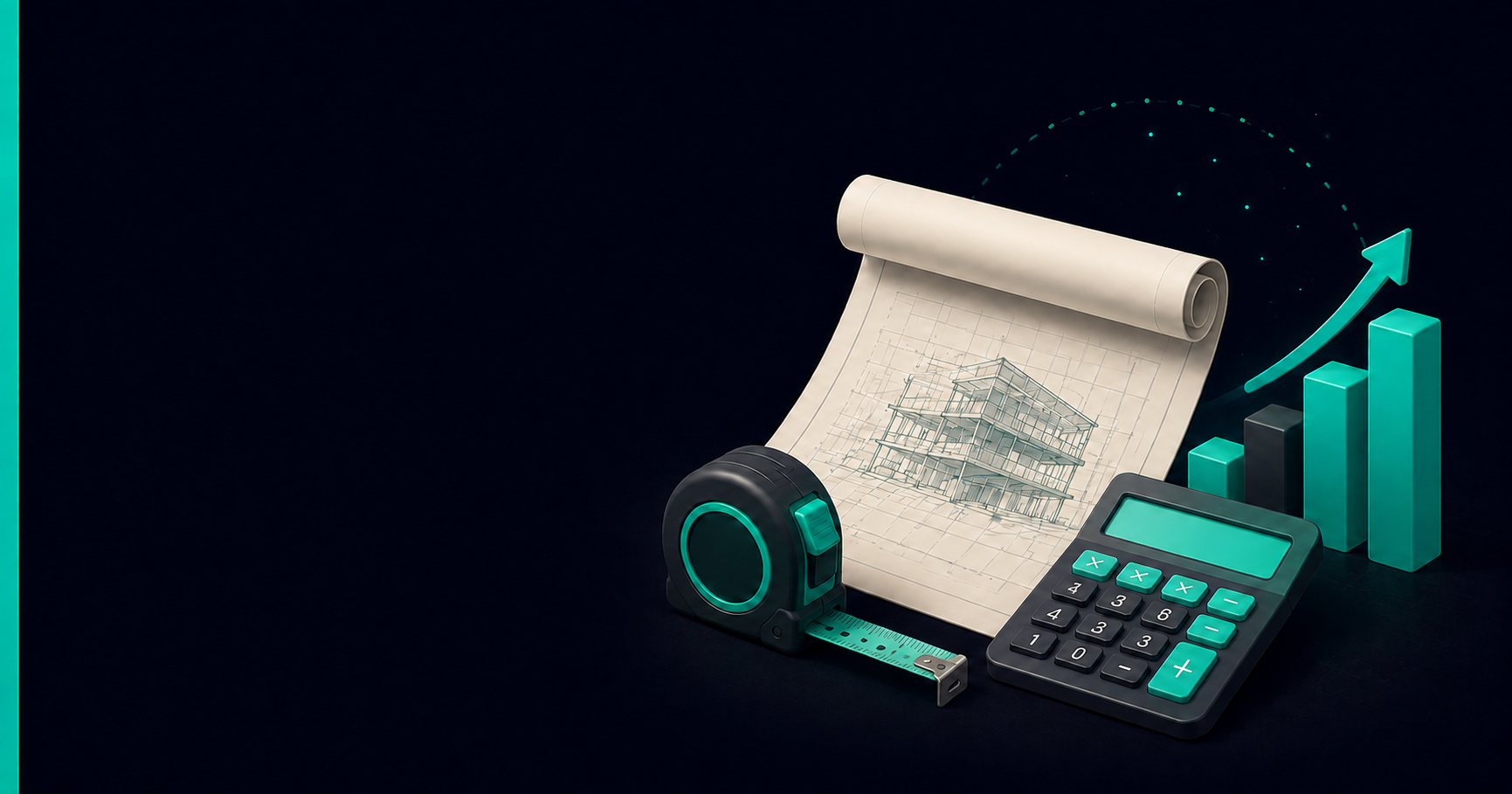 3D illustration of construction estimating: a rolled blueprint, tape measure, calculator, and a rising bar chart on a dark background