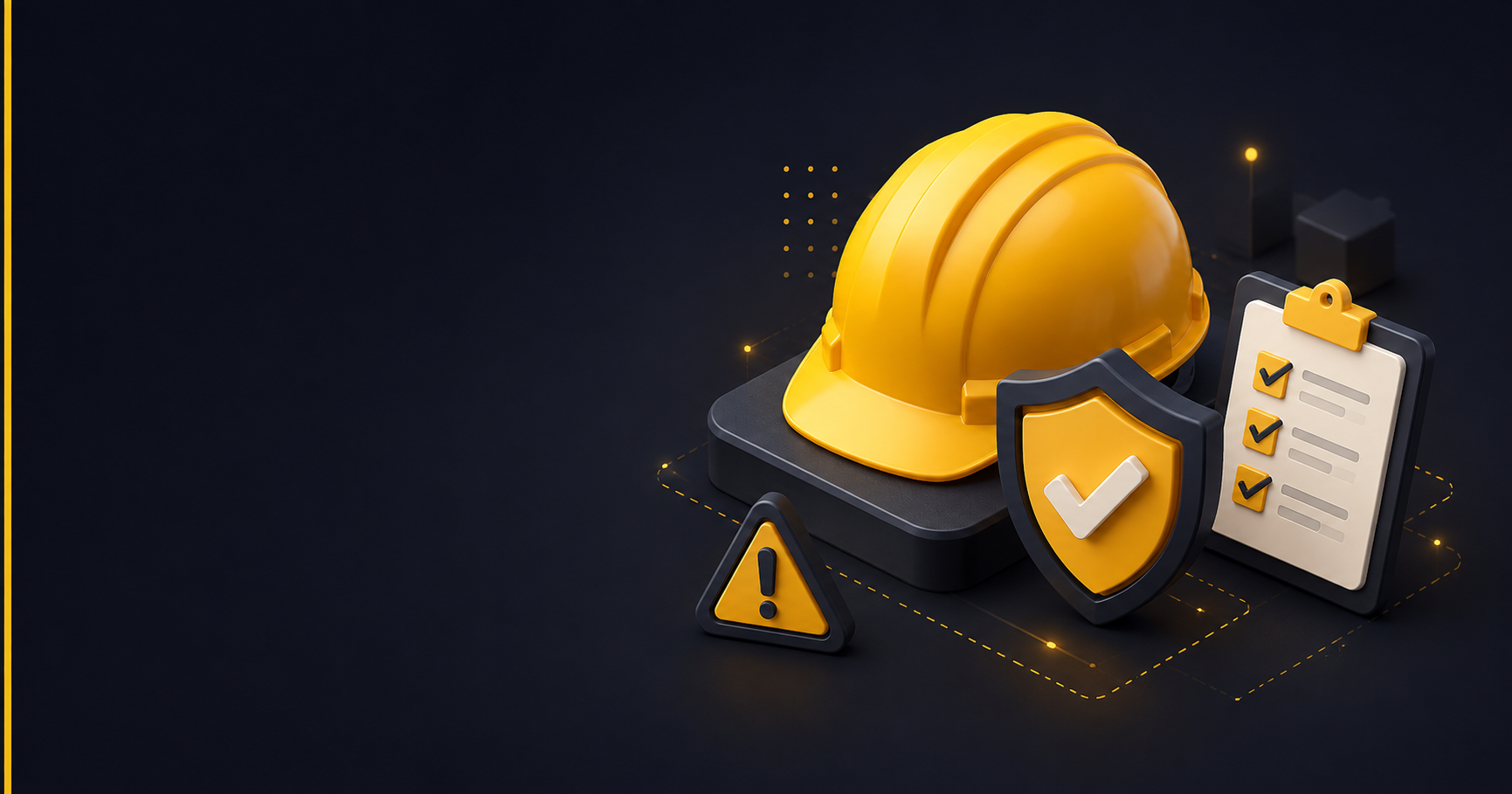 3D illustration of construction safety: a hard hat with a shield check mark, a warning sign, and a safety checklist clipboard on a dark background