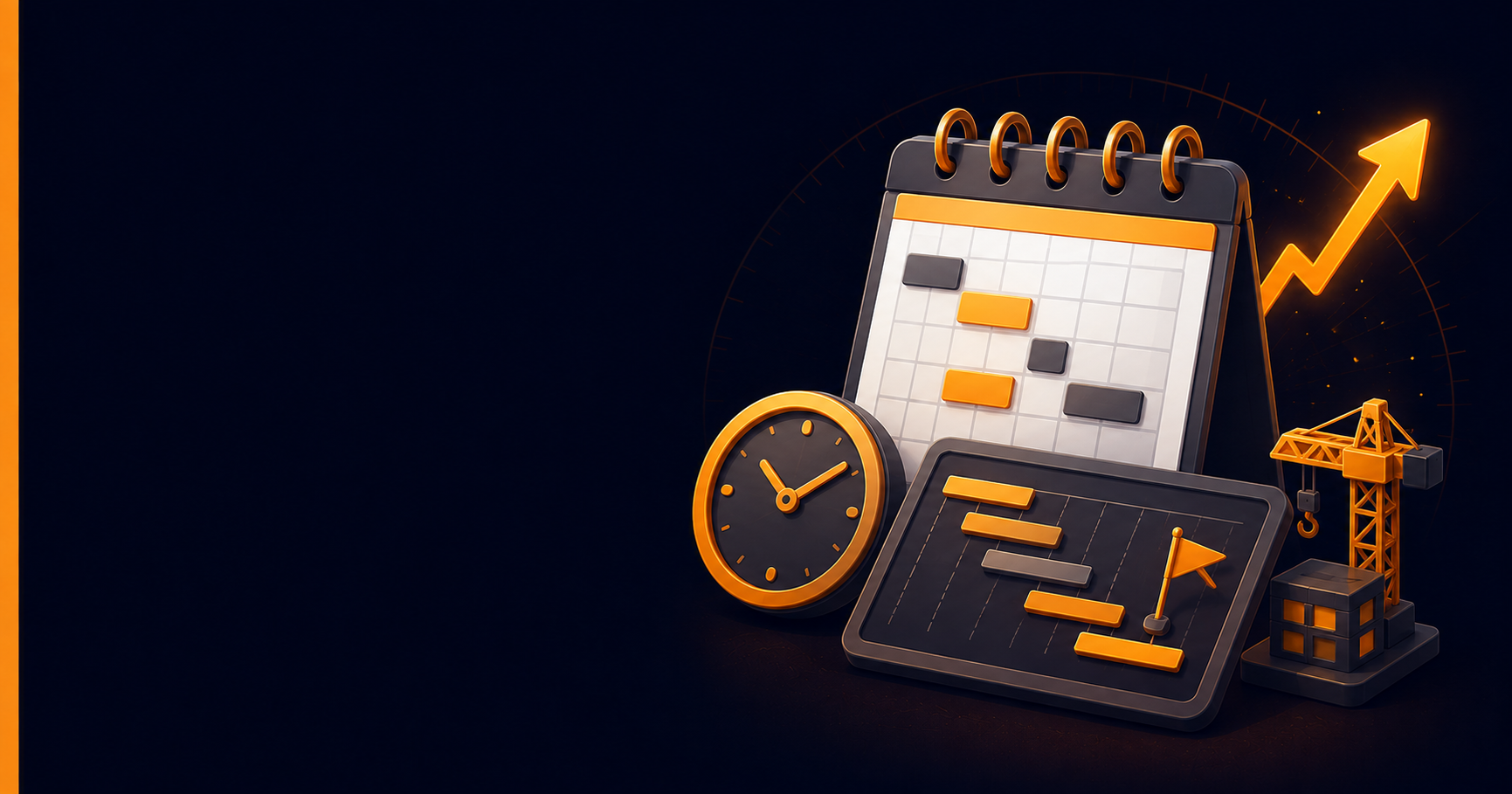 3D illustration of construction scheduling: a calendar with task blocks, a clock, a Gantt chart tablet, and a crane beside a rising arrow on a dark background