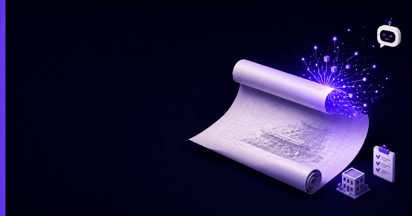 3D illustration of generative AI in construction: a blueprint unrolling into a glowing network of nodes, with a chat assistant icon and checklist on a dark background